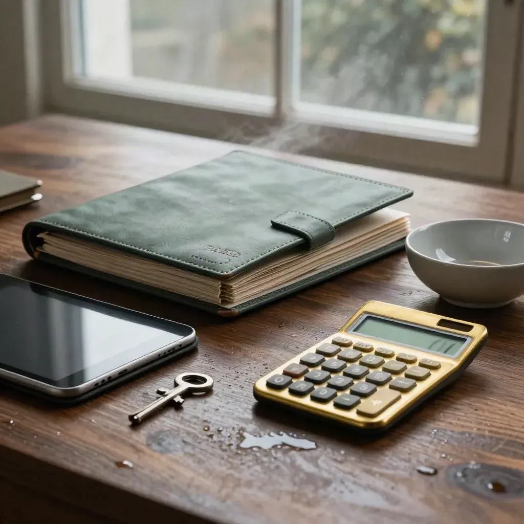 Walnuss-Holz mit Portfolio-Mappe, Tablet, Rechner und Morgennebel im Finanzberater-Stil