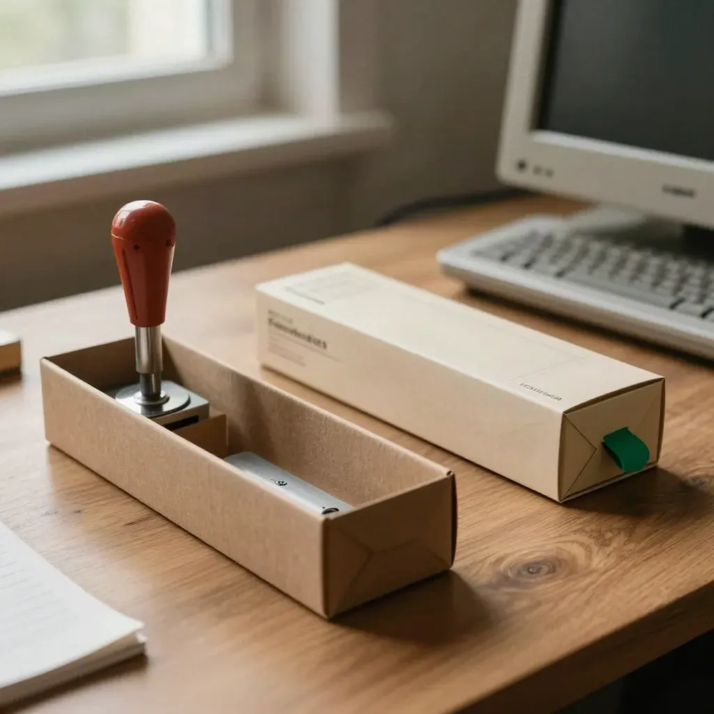 Steuerbewusster Investment-Arbeitsplatz mit Ablagefächern, Rechner, Fristenbox und Metallstempel