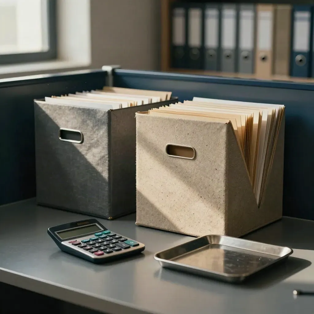 Archiv mit getrennten Rücklagenboxen, Rechner und Ablage auf Metallregal, klar und geordnet.