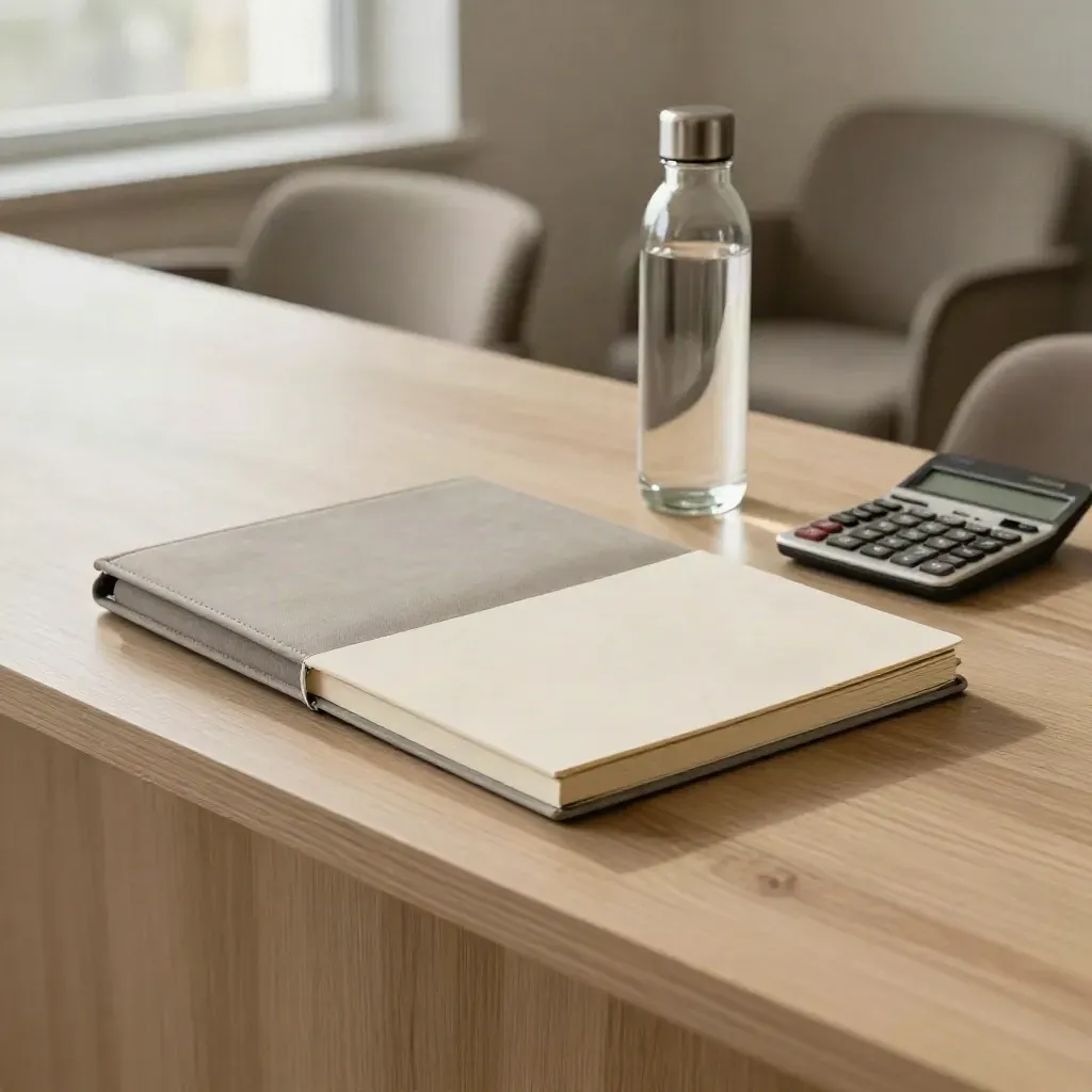 Ruhiger Empfangstisch mit Mappe, Notizbuch, Wasserflasche und Rechner im warmen Seitenlicht.
