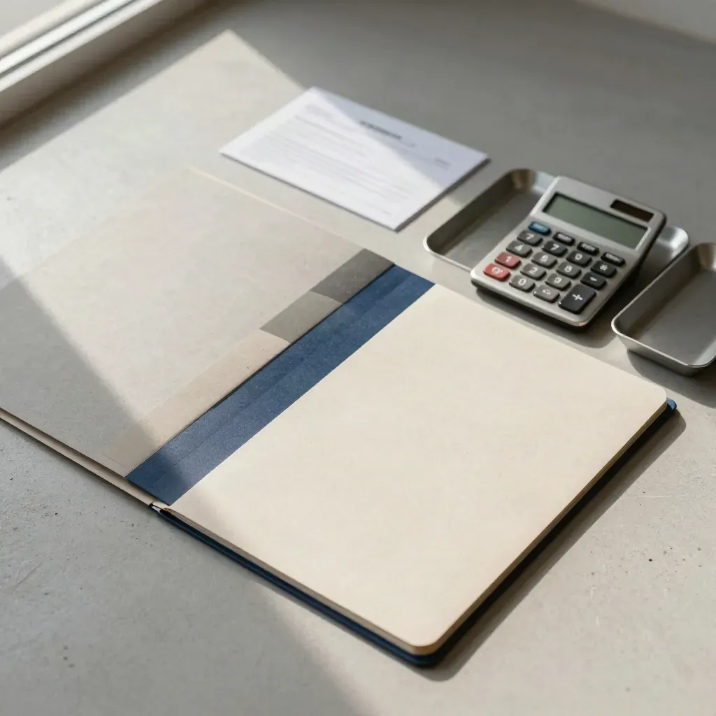 Ordner, Register und kleiner Rechner auf Betonfläche, präzise von oben als Finanz-Flatlay.