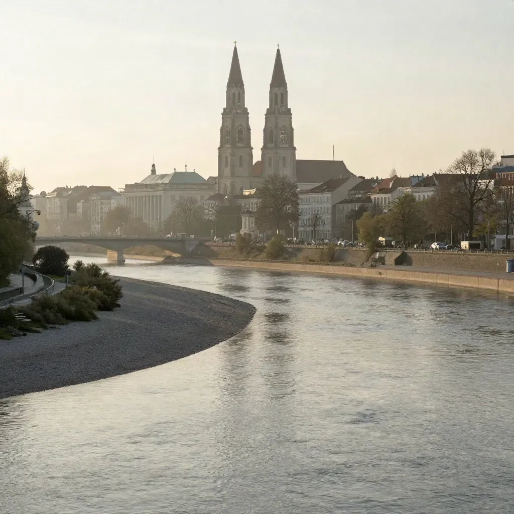 München mit Frauenkirche über der Isar im Morgennebel, ruhige Weite