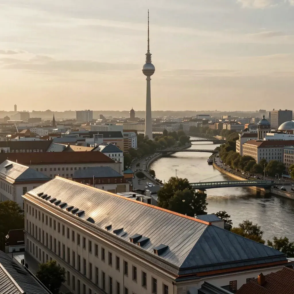 Berliner Skyline mit Fernsehturm, Spreebogen und warmem Regenhaze im Abendlicht