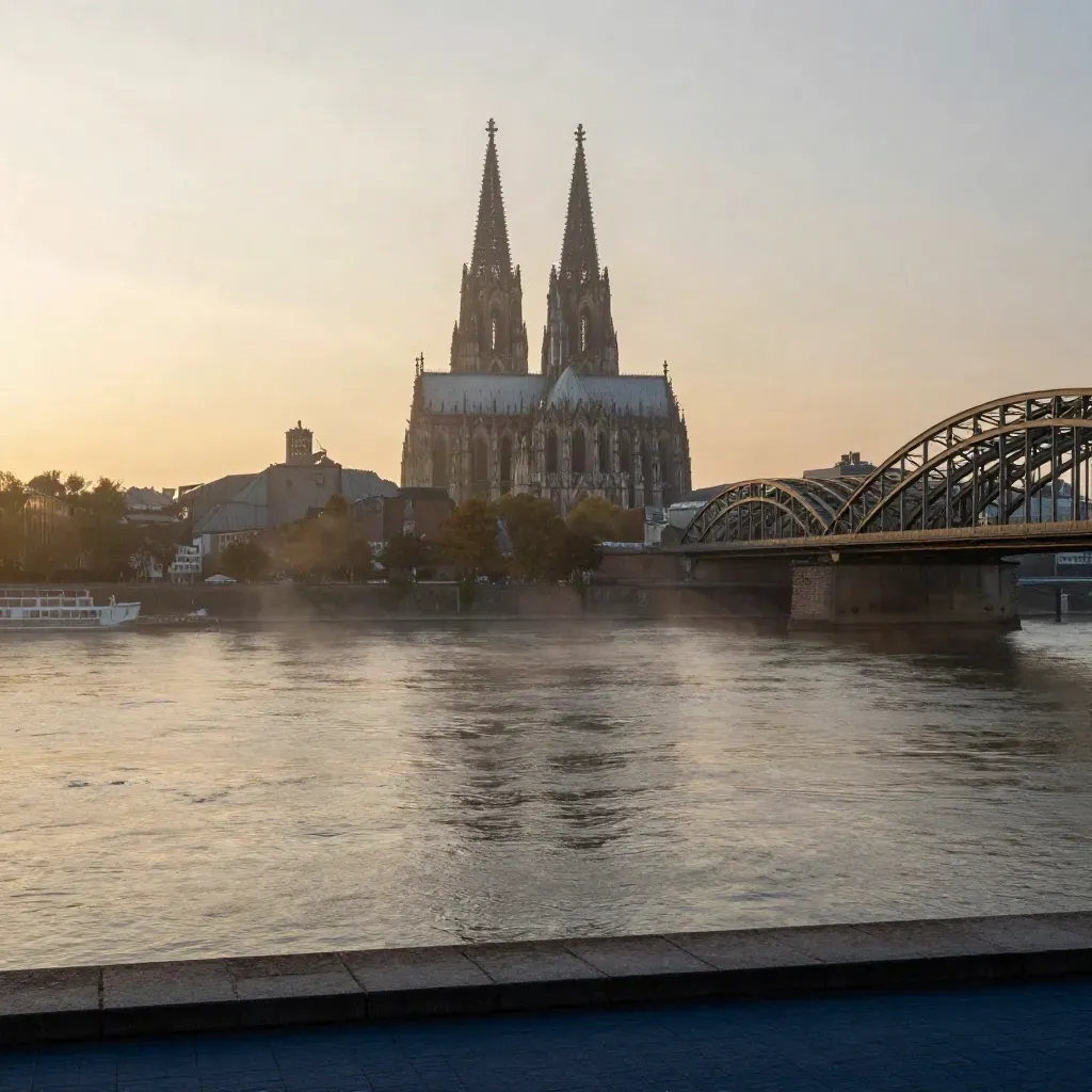 Kölner Dom über dem Rhein im Abenddunst, mit ruhiger Fläche für Text